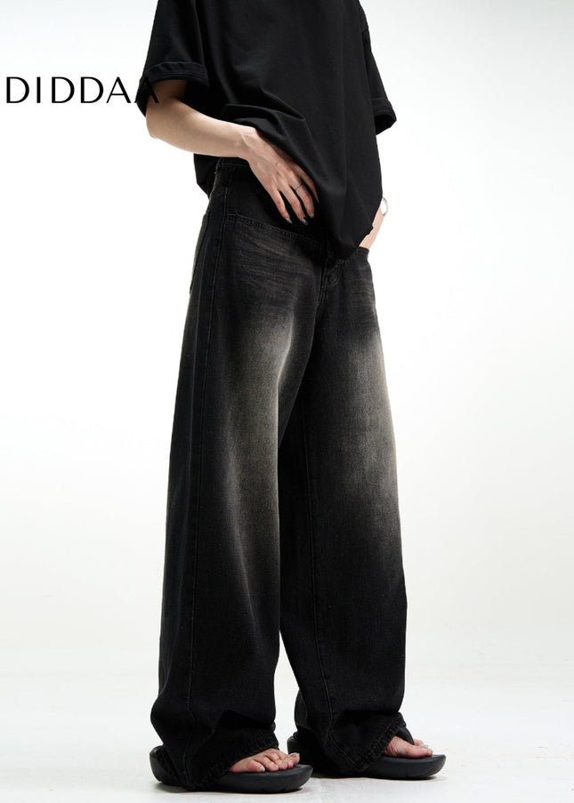 Black Vintage Washed Loose Fit Wide Leg Jeans - Men’s Jeans