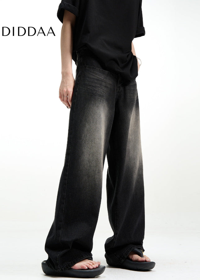 Black Vintage Washed Loose Fit Wide Leg Jeans - Men’s Jeans