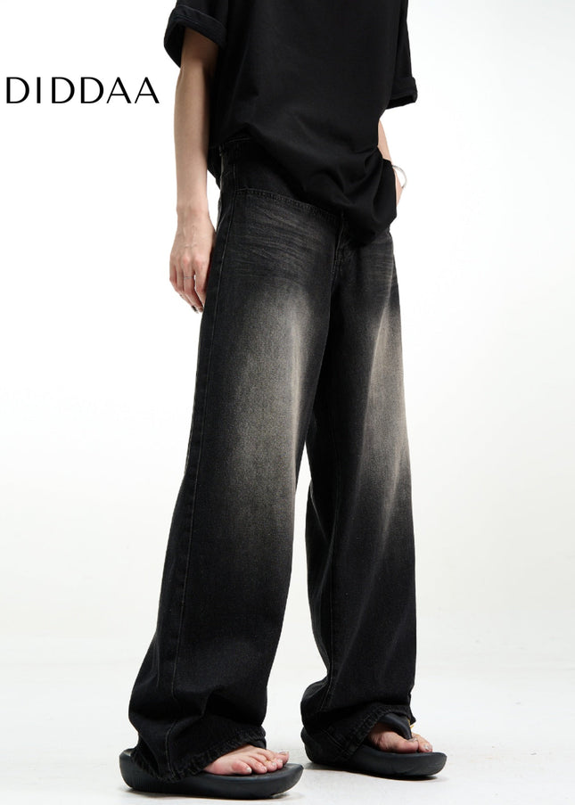 Black Vintage Washed Loose Fit Wide Leg Jeans - Men’s Jeans