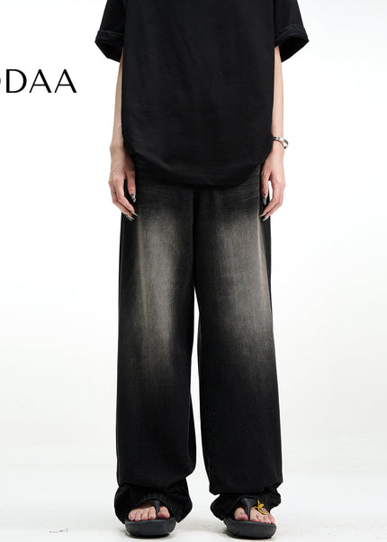 Black Vintage Washed Loose Fit Wide Leg Jeans - S / Black - Men’s Jeans