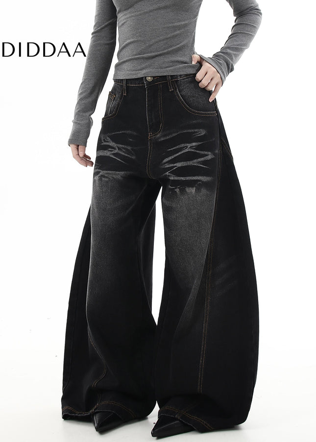 Black Vintage Whisker Washed Wide-Leg Scimitar Jeans - Women’s Jeans