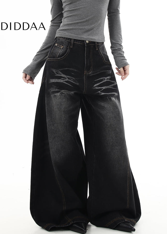 Black Vintage Whisker Washed Wide-Leg Scimitar Jeans - Women’s Jeans
