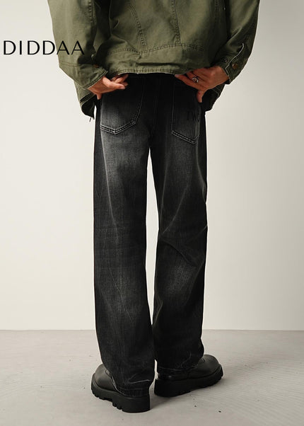 Black Washed Loose Straight Leg Casual Jeans - Men’s Jeans