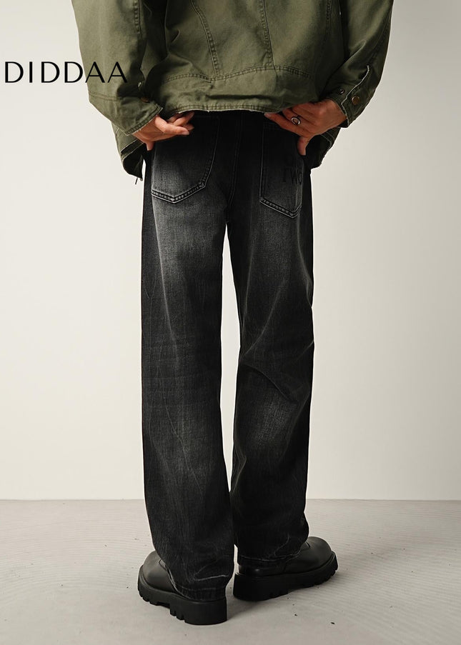 Black Washed Loose Straight Leg Casual Jeans - Men’s Jeans