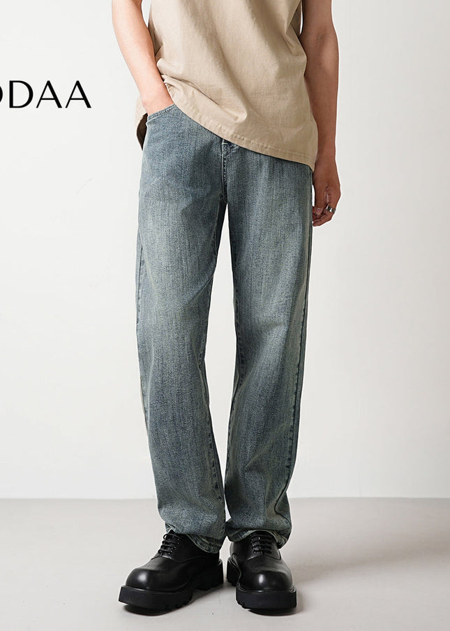 Black Washed Stretch Loose Straight-Leg Jeans - 28 / Mid Blue - Men’s Jeans