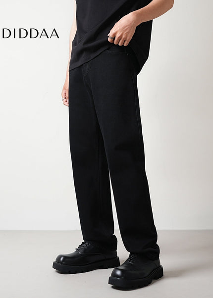 Black Washed Stretch Loose Straight-Leg Jeans - Men’s Jeans