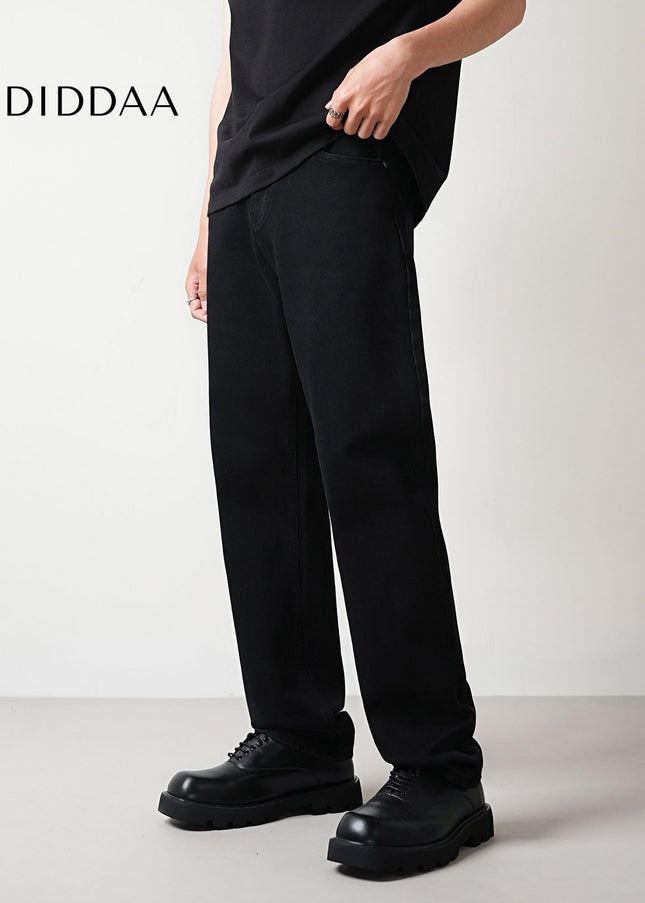 Black Washed Stretch Loose Straight-Leg Jeans - Men’s Jeans