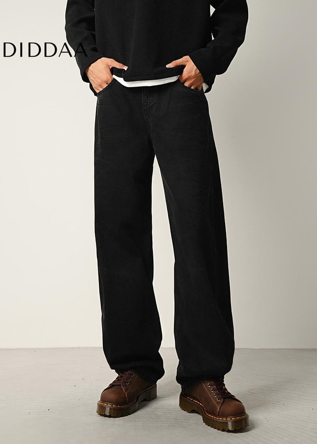 Black Water Pattern Tie Flower Loose Straight Jeans - Men’s Jeans