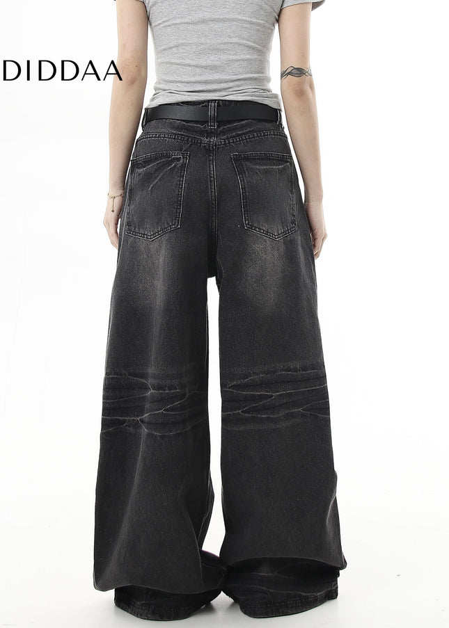 Black Whiskering Baggy Wide-Leg Jeans for All - Women’s Jeans