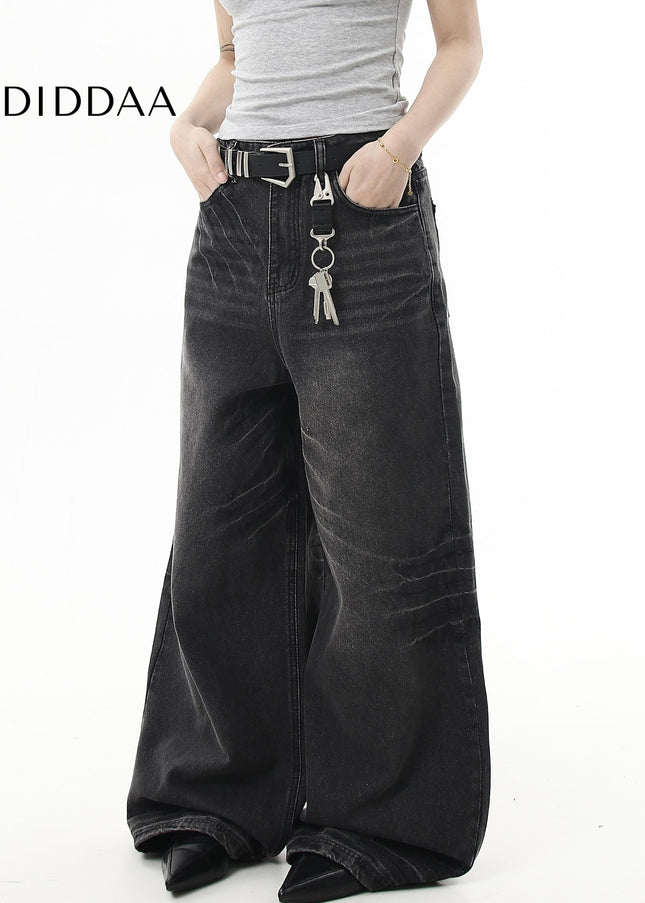 Black Whiskering Baggy Wide-Leg Jeans for All - Women’s Jeans
