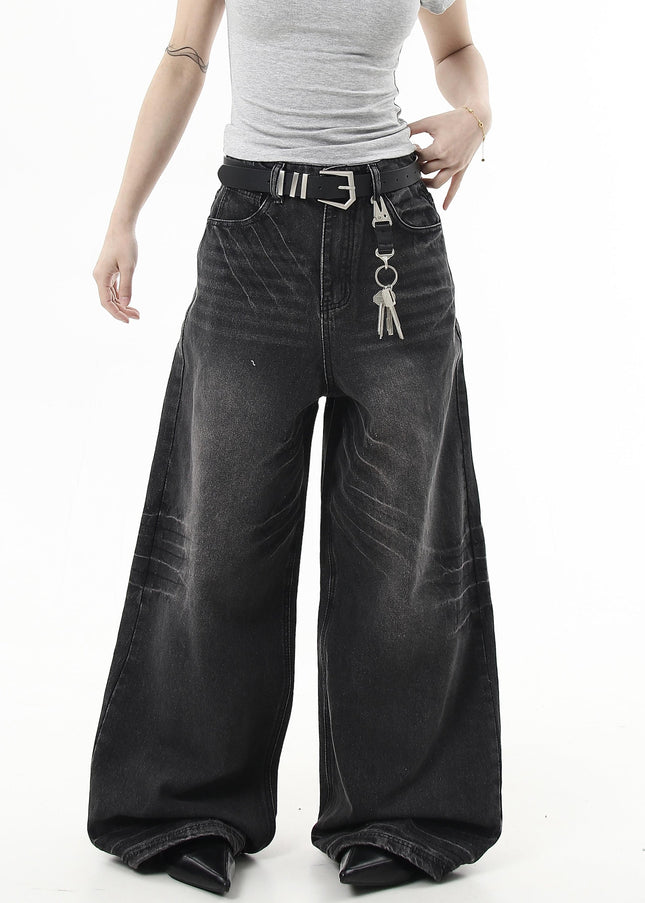 Black Whiskering Baggy Wide-Leg Jeans for All - Women’s Jeans