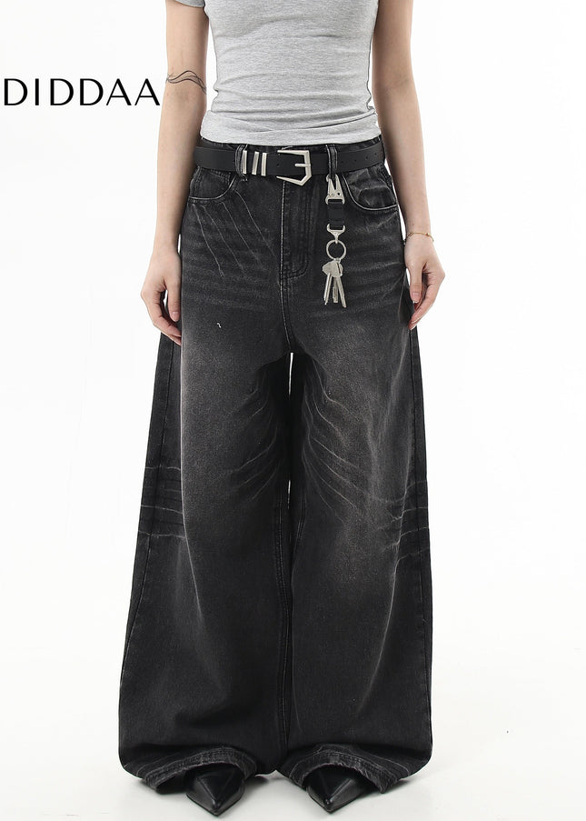 Black Whiskering Baggy Wide-Leg Jeans for All - Women’s Jeans