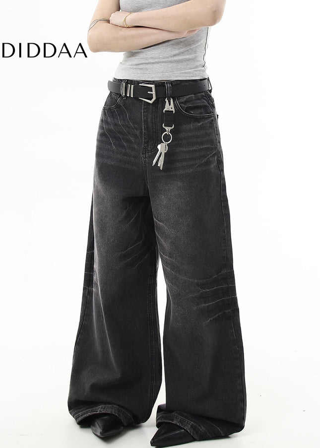 Black Whiskering Baggy Wide-Leg Jeans for All - Women’s Jeans
