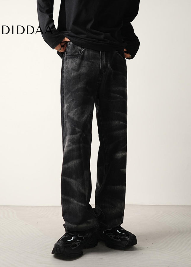 Black Zebra Wash Loose Straight-Leg Jeans for Men - Men’s Jeans