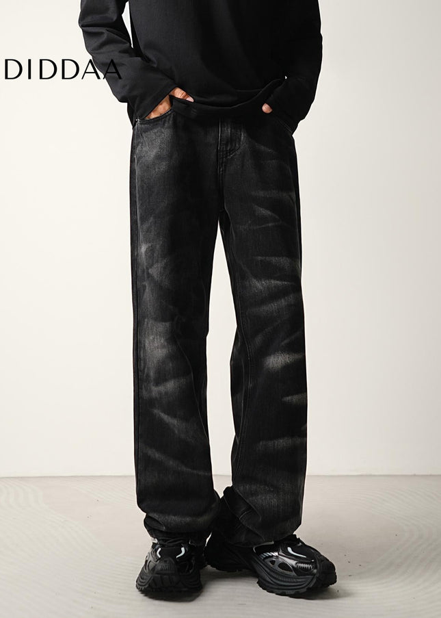 Black Zebra Wash Loose Straight-Leg Jeans for Men - Men’s Jeans