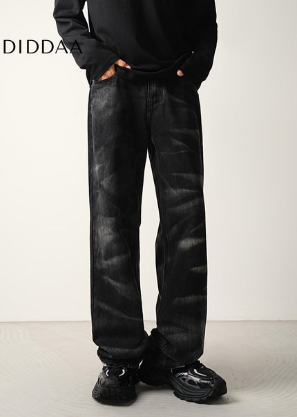 Black Zebra Wash Loose Straight-Leg Jeans for Men - Men’s Jeans