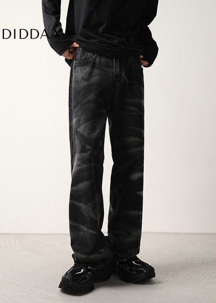 Black Zebra Wash Loose Straight-Leg Jeans for Men - Men’s Jeans