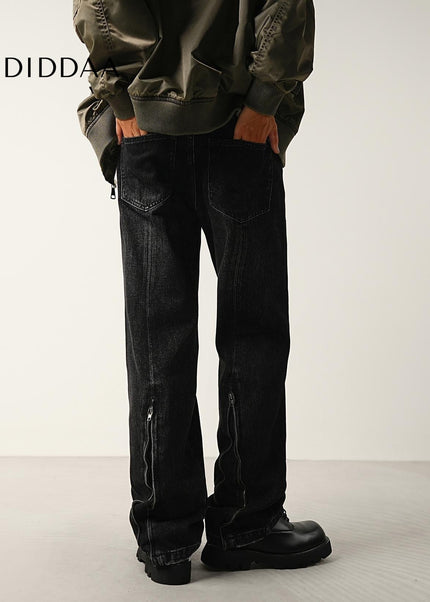 Black Zip Adjustable Slightly Flared Jeans - Men’s Jeans