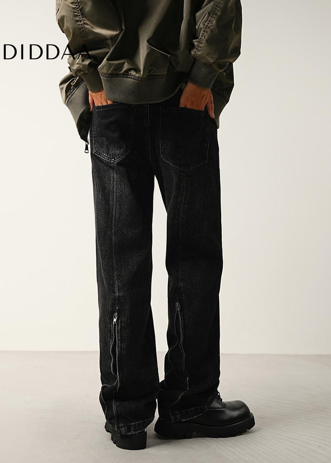 Black Zip Adjustable Slightly Flared Jeans - Men’s Jeans