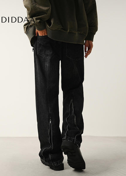Black Zip Adjustable Slightly Flared Jeans - Men’s Jeans