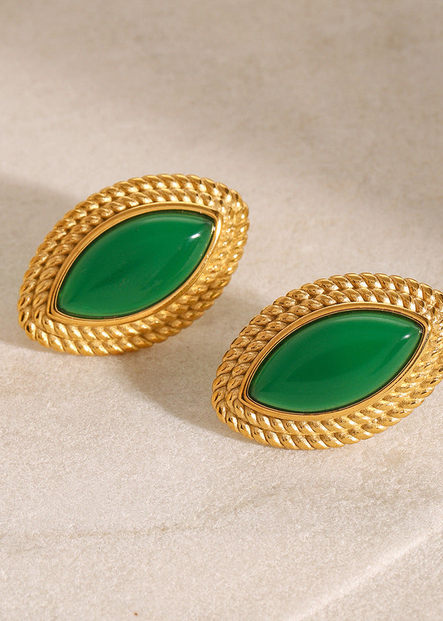 Jieding European and American stainless steel natural stone emerald stud earrings high-end niche pre-owned earrings titanium steel earrings cross-border