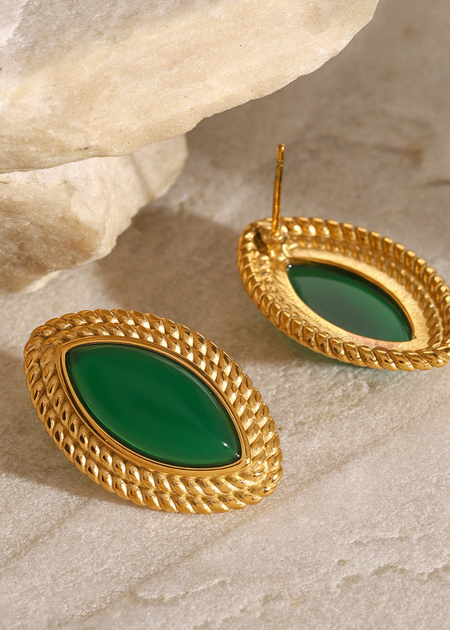 Jieding European and American stainless steel natural stone emerald stud earrings high-end niche pre-owned earrings titanium steel earrings cross-border