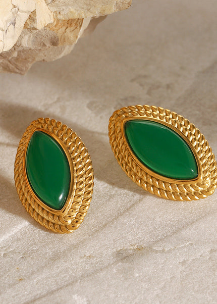 Jieding European and American stainless steel natural stone emerald stud earrings high-end niche pre-owned earrings titanium steel earrings cross-border