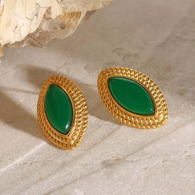 Jieding European and American stainless steel natural stone emerald stud earrings high-end niche pre-owned earrings titanium steel earrings cross-border