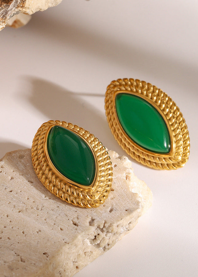 Jieding European and American stainless steel natural stone emerald stud earrings high-end niche pre-owned earrings titanium steel earrings cross-border