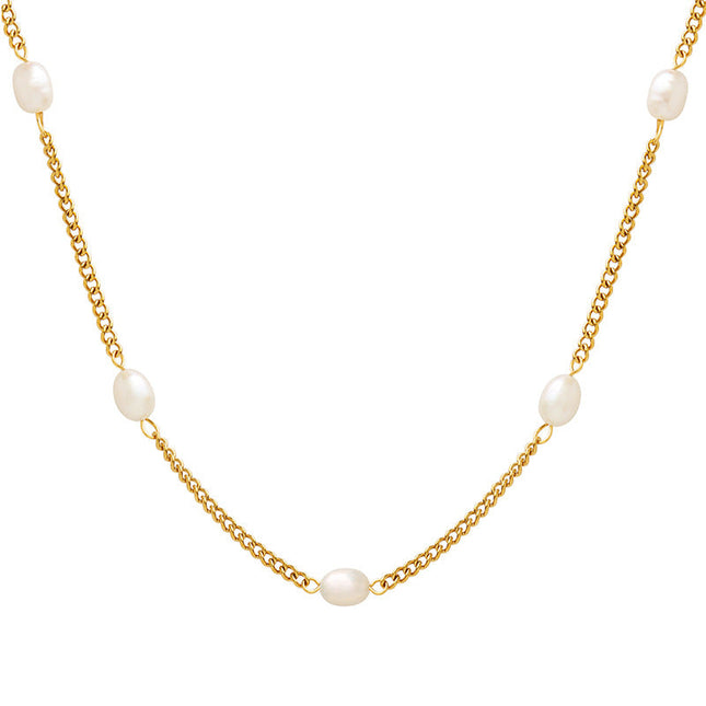European and American style flat chain personality freshwater pearl splicing chain necklace titanium steel gold-plated clavicle chain manufacturers a piece of delivery