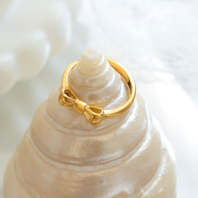 Korean niche design sense bow adjustable ring fairy style fashion creative gold-plated fresh and sweet jewelry