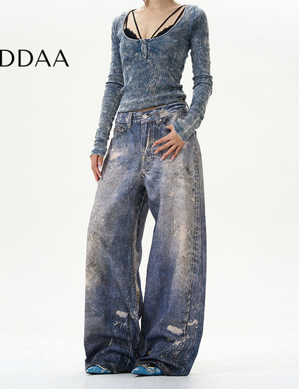 Blue 3D Digital Wide-Leg Jeans for Couples - S / Mid Blue - Women’s Jeans