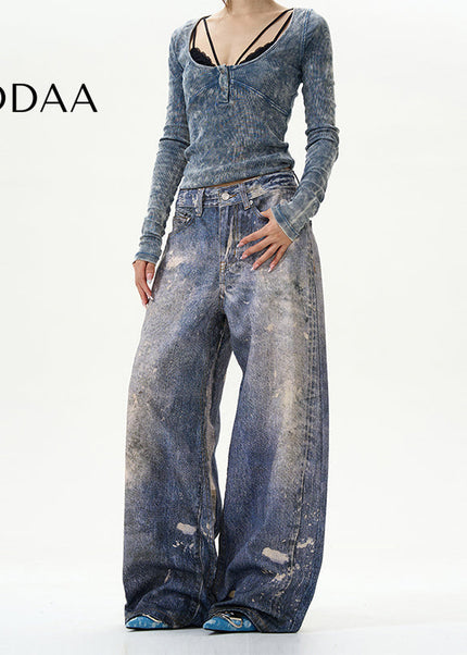 Blue 3D Digital Wide-Leg Jeans for Couples - S / Mid Blue - Women’s Jeans