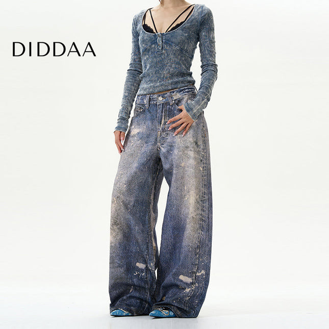 Blue 3D Digital Wide-Leg Jeans for Couples - S / Mid Blue - Women’s Jeans