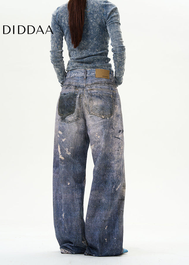 Blue 3D Digital Wide-Leg Jeans for Couples - Women’s Jeans
