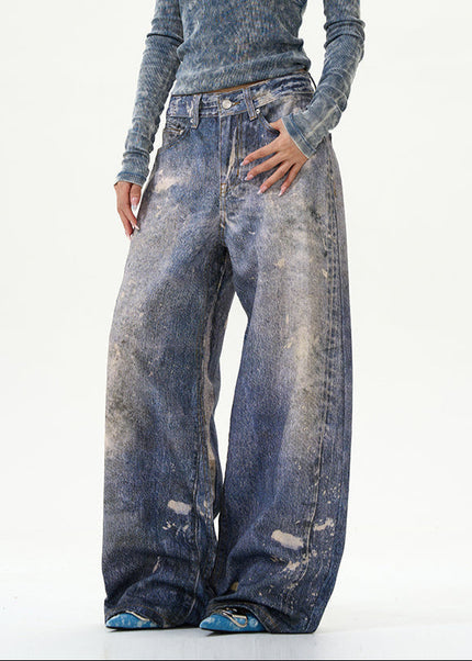 Blue 3D Digital Wide-Leg Jeans for Couples - Women’s Jeans