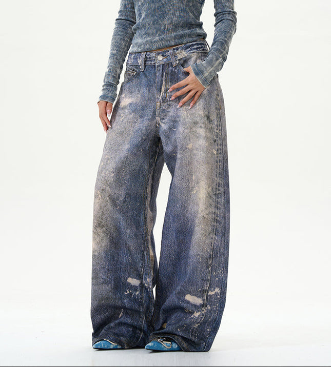 Blue 3D Digital Wide-Leg Jeans for Couples - Women’s Jeans