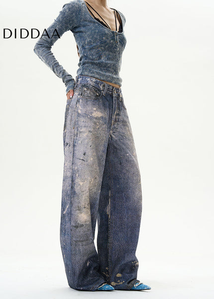 Blue 3D Digital Wide-Leg Jeans for Couples - Women’s Jeans