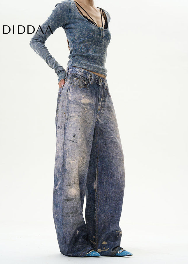 Blue 3D Digital Wide-Leg Jeans for Couples - Women’s Jeans