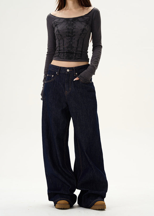 Blue American Retro Loose Wide-Leg Jeans for Men - Women’s Jeans