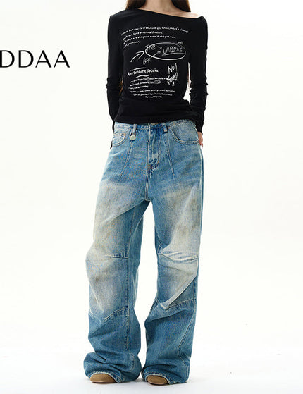 Blue American Retro Pleated Wide-Leg Jeans for Men - S / Mid Blue - Women’s Jeans