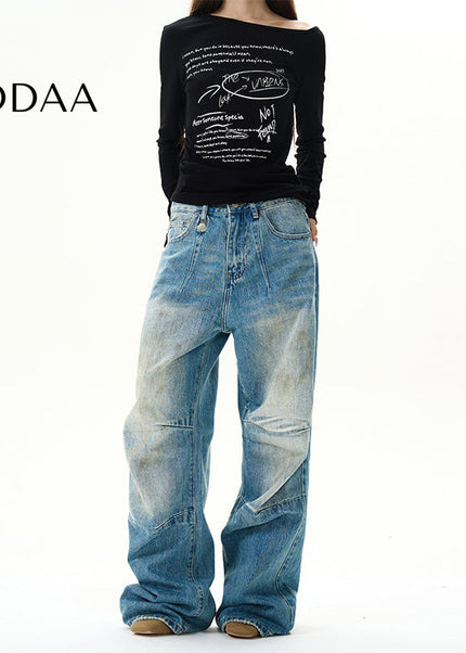 Blue American Retro Pleated Wide-Leg Jeans for Men - S / Mid Blue - Women’s Jeans