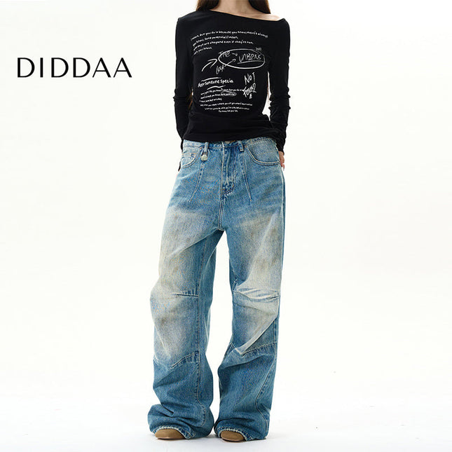 Blue American Retro Pleated Wide-Leg Jeans for Men - S / Mid Blue - Women’s Jeans