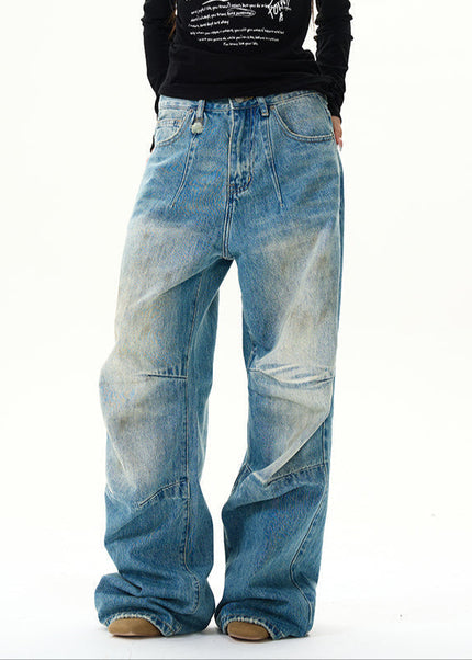 Blue American Retro Pleated Wide-Leg Jeans for Men - Women’s Jeans