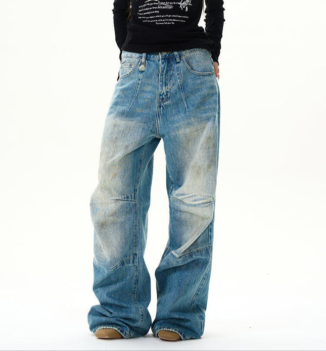 Blue American Retro Pleated Wide-Leg Jeans for Men - Women’s Jeans