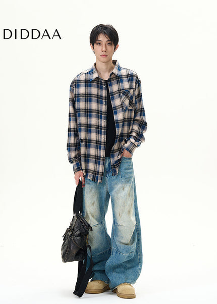 Blue American Retro Pleated Wide-Leg Jeans for Men - Women’s Jeans