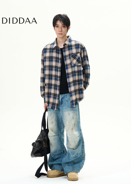 Blue American Retro Pleated Wide-Leg Jeans for Men - Women’s Jeans