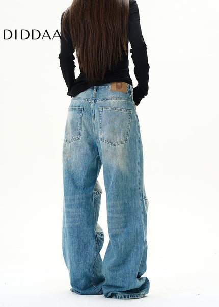 Blue American Retro Pleated Wide-Leg Jeans for Men - Women’s Jeans