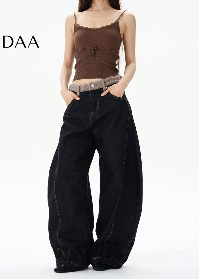 Blue American Retro Plush Stitching Couple Pants - S / Black - Women’s Jeans