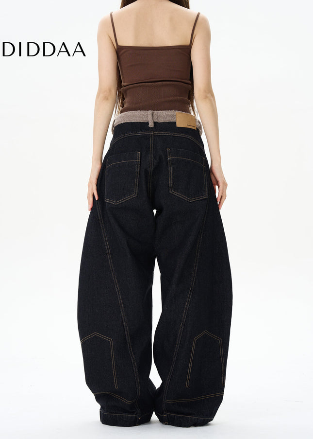 Blue American Retro Plush Stitching Couple Pants - Women’s Jeans